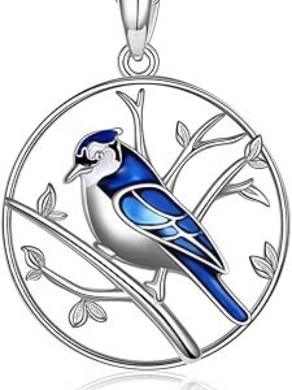 Blue Jay Pendant Necklace Round Blue Bird  with Silver Chain